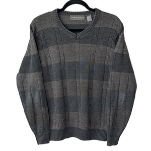 Oscar de la Renta Vintage V-Neck Sweater Gray Stripe Knit Pullover 90s Designer